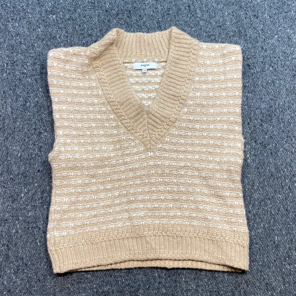 Suncoo Paris Piji Sweater Vest Sz T0 Womens Beige Wool Blend Textured V Neck